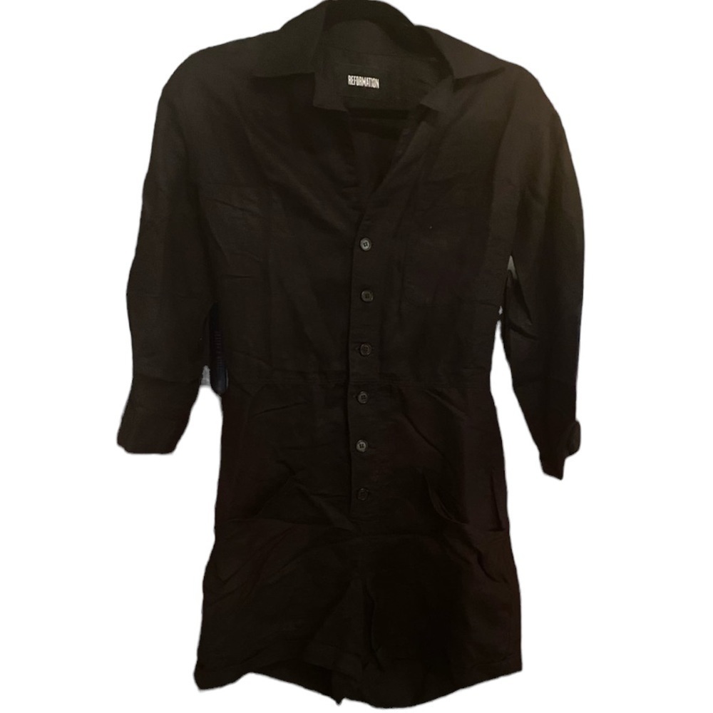 Reformation Jessime Linen Romper Black Button Front Long Sleeve 0 Grunge Utility - Picture 2 of 3